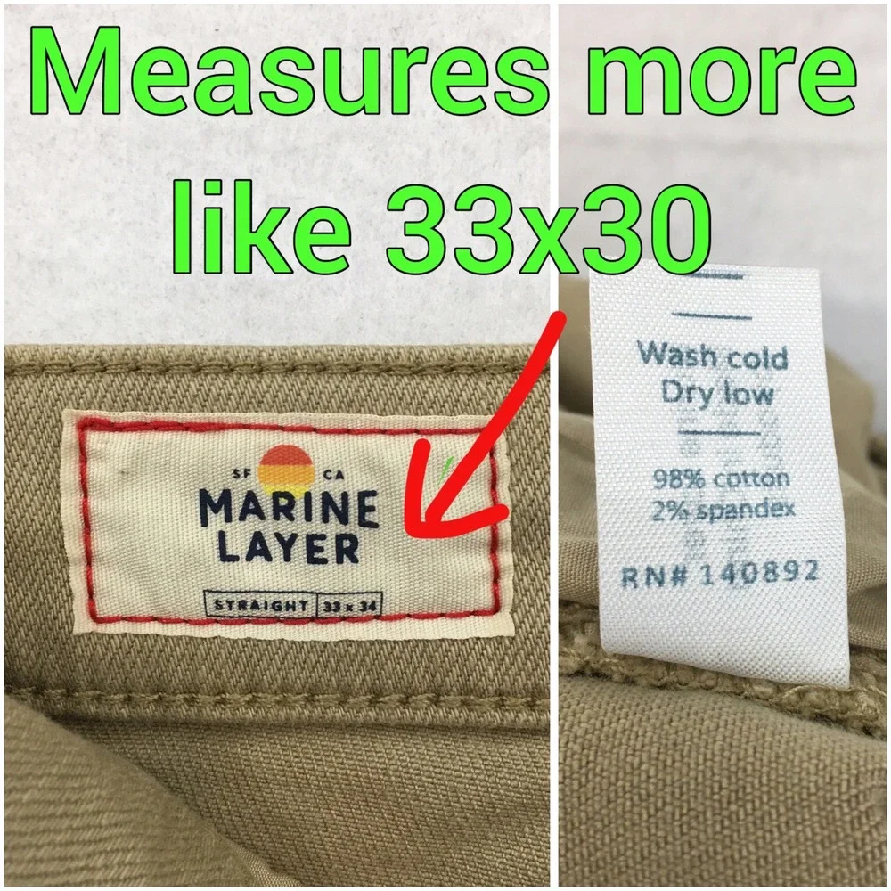 Marine Layer Mens Khaki Tan Straight Leg Stretch Cotton Chino Pants 33x30